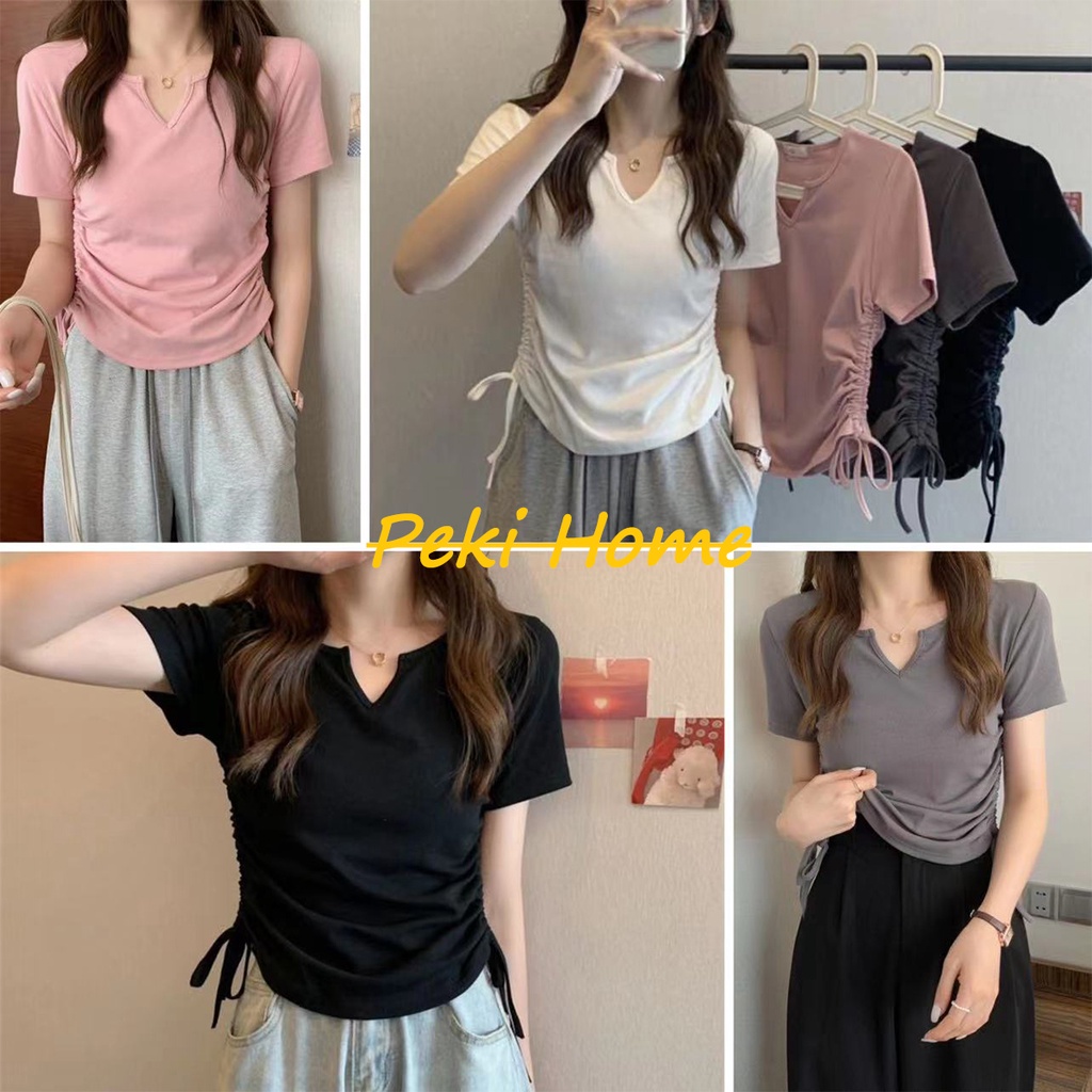 เสื้อยืดคอวีสั้นทรงสวยเข้ารูปสีพื้นบางใหม่สไตล์เกาหลี สำหรับผู้หญิง