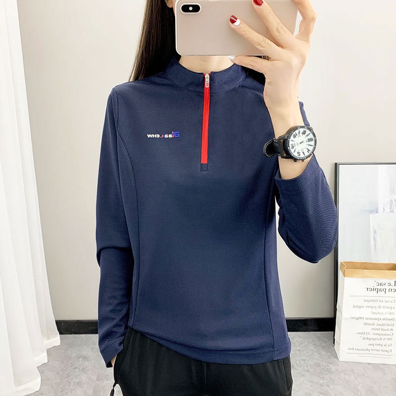 เสื้อยืดแขนยาว คอปกตั้ง ทรงหลวม ป้องกันแดด แบบแห้งเร็ว เหมาะกับใส่ออกกําลังกายกลางแจ้ง สําหรับผู้หญิง
