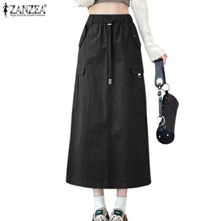 Zanzea ผู้หญิง วินเทจ ลําลอง ยางรัดเอว กระเป๋าหูรูด กระโปรงค…