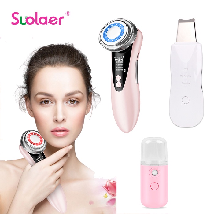 Suolaer อุปกรณ์ความงามอเนกประสงค์ & เครื่องพ่นสเปรย์นาโน และเครื่องขัดผิว ชาร์จ USB เครื่องทําความสะอาดผิวหน้าอย่างล้ําลึก
