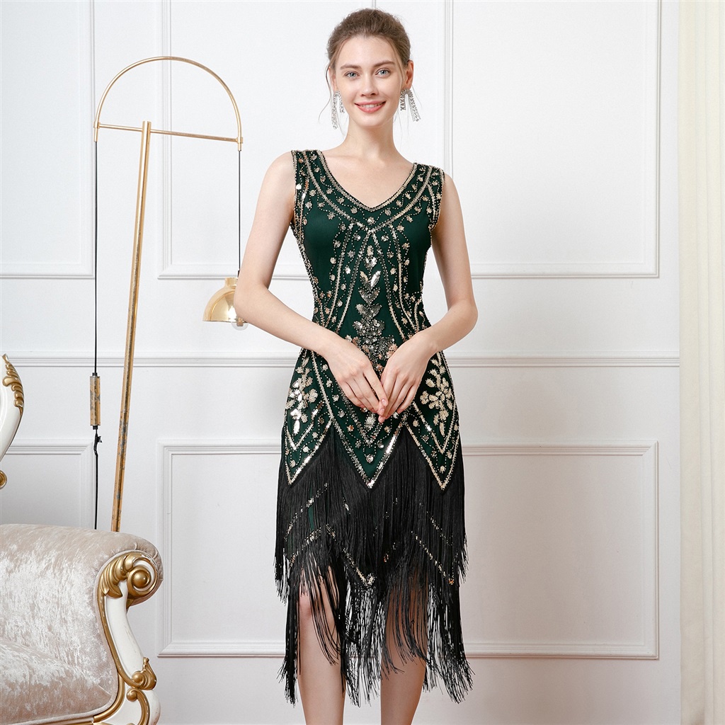 1920s ย้อนยุค สองชั้น พู่ ชุดแกสบี้บอล เลื่อม ชุดราตรี ปาร์ตี้ คอวี ลูกปัด ชุดเต้นรํา