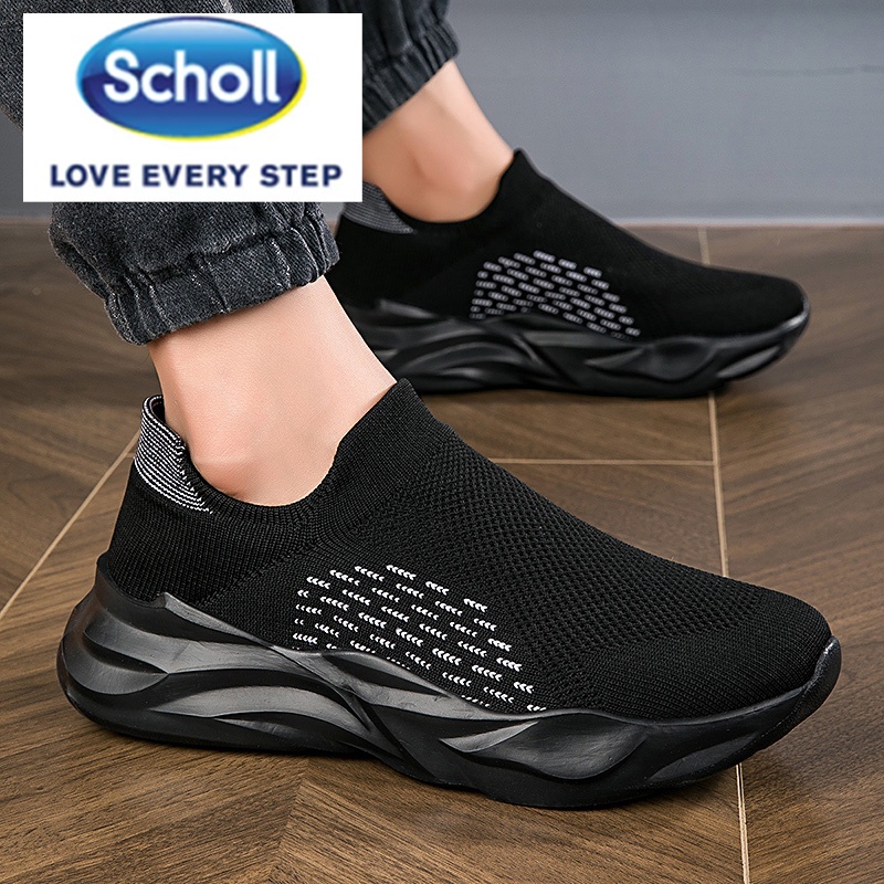 รองเท้ากีฬา scholl ส้นแบน แบบสวม สีดํา สไตล์เกาหลี สําหรับผู้ชาย