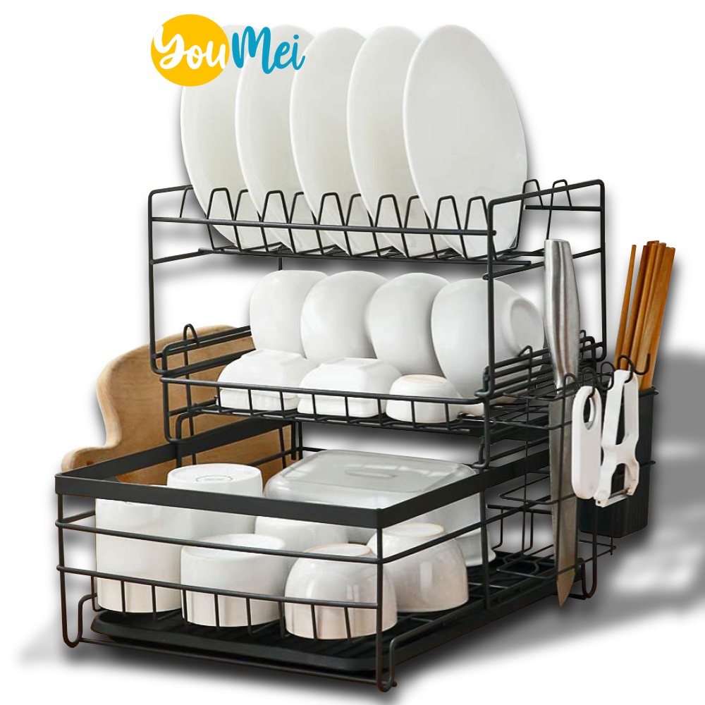 Multi-Purpose Tableware Drying Wash Tefel จานซักผ้า Rack เหล็กห้องครัวชั้นวางจาน Drainer 3 ชั้น - 10