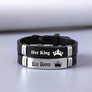 เครื่องประดับ สร้อยข้อมือสแตนเลส จี้มงกุฎ และตัวอักษร Her King His Queen แฟชั่นคู่รัก สําหรับผู้ชาย