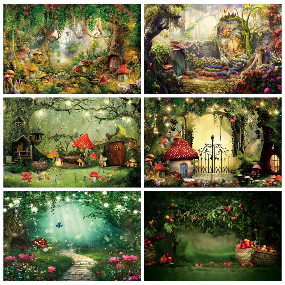 Dreamy Forest Natural Jungle Backdrop Wonderland Mushroom Fairy House Baby Birthday Party Photography Background Photo S