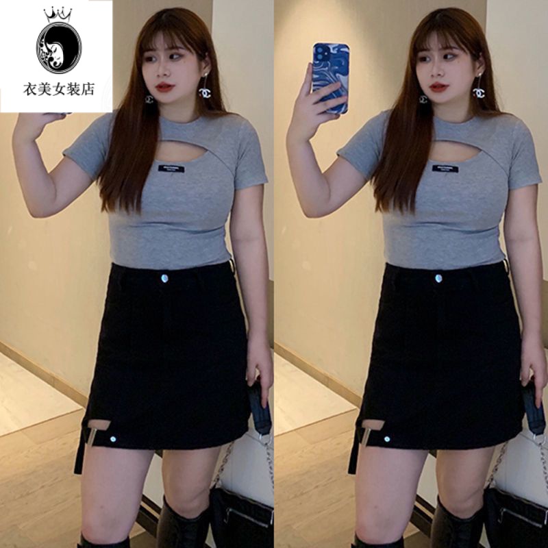 [เสื้อผ้าผู้หญิงขนาดบวก] 150kgplus size เสื้อผ้าผู้หญิง plus-Sized100KGFatmmSummer กลวงอารมณ์ด้านบนแ