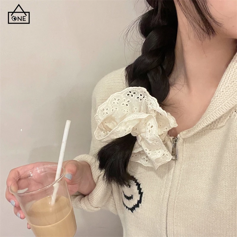 ยางรัดผมผ้าฝ้าย ลูกไม้สีขาว สไตล์เกาหลี หางม้า thumbnail 4