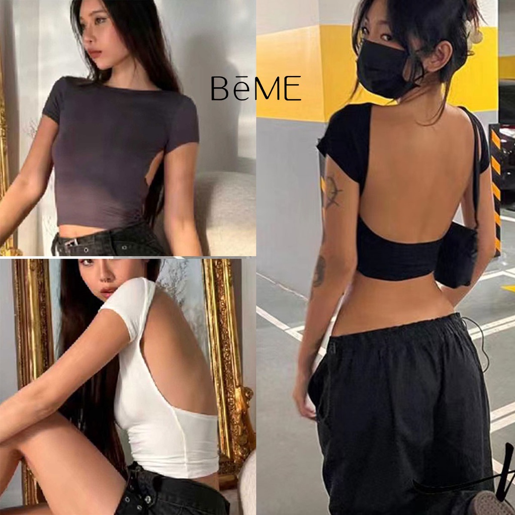 เสื้อครอปท็อป เปิดหลัง เซ็กซี่ เเฟชั่นฤดูร้อน เรียบๆสีพื้น
