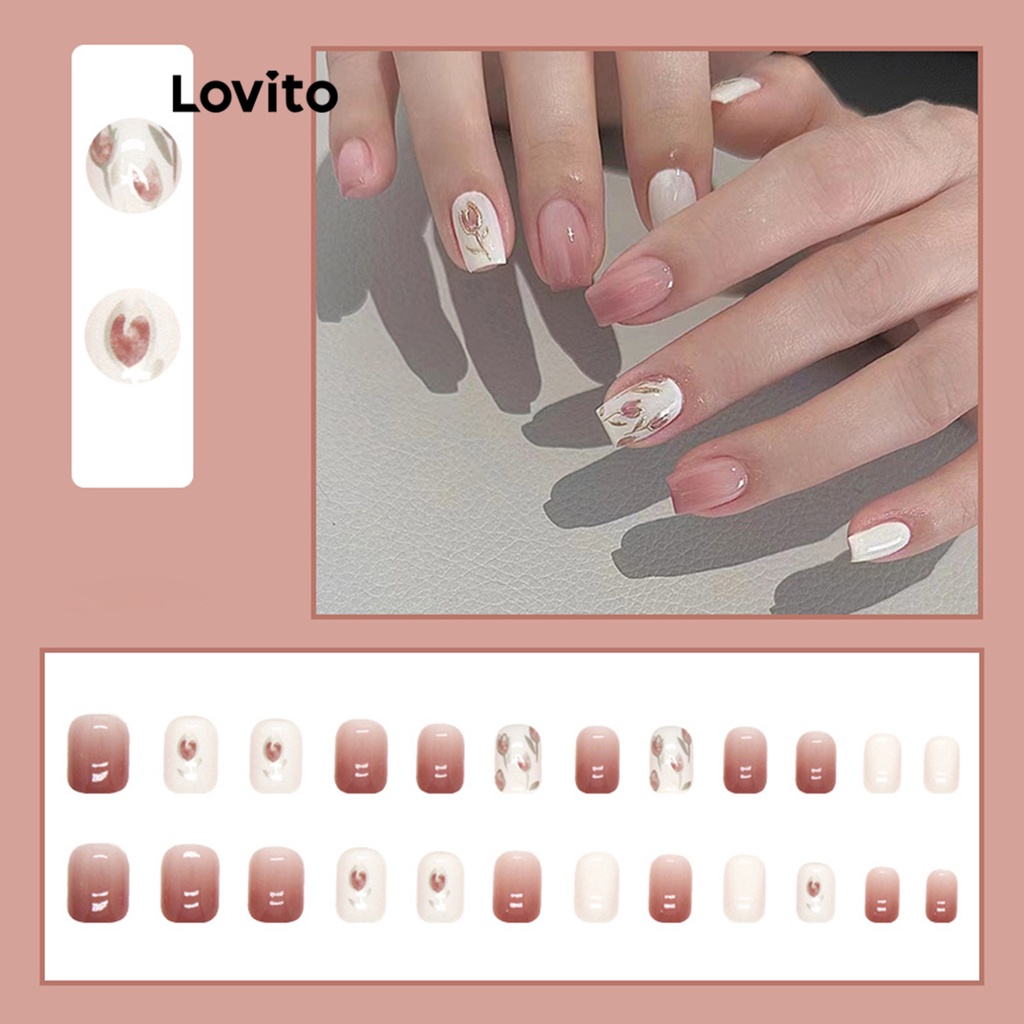 Lovito เล็บปลอม ลายดอกไม้ สไตล์ลำลอง สำหรับผู้หญิง LFA11306