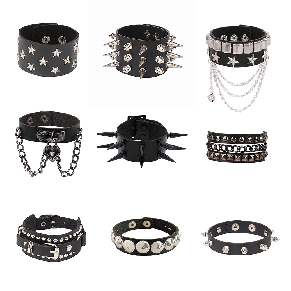 Gothic Punk สีดํา PU หนัง Rivet Star สร้อยข้อมือผู้หญิงผู้ชายพู่สร้อยข้อมือเครื่องประดับ
