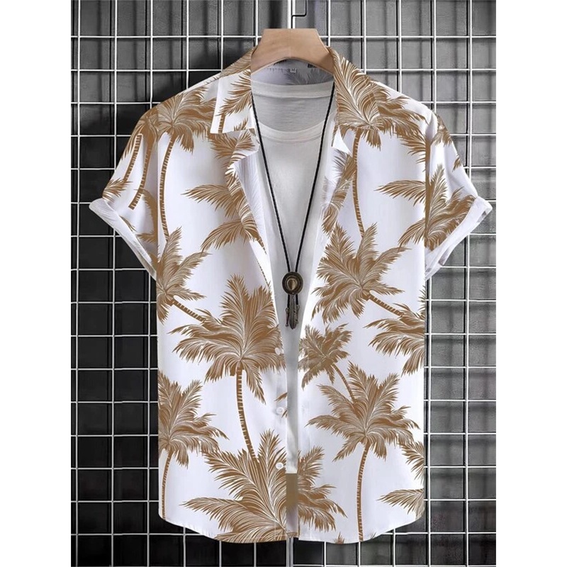 เสื้อเชิ้ตลําลอง ทรงหลวม ระบายอากาศได้ดี พิมพ์ลายต้นมะพร้าว 3 มิติ เหมาะกับเดินชายหาดกลางแจ้ง สไตล์ฮาวาย แฟชั่นฤดูร้อน สําหรับผู้ชาย