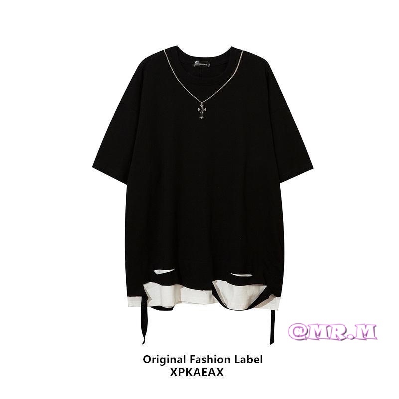 เสื้อยืดแขนสั้นคอกลมสไตล์ลำลองมีรอยขาดสไตล์สตรีท