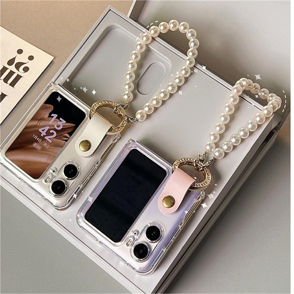 Luken เคสโทรศัพท์มือถือแบบใส ฝาพับ กันกระแทก พร้อมช่องใส่บัตร ประดับมุก หรูหรา สไตล์เกาหลี สําหรับ OPPO Find N3 Flip FindN2