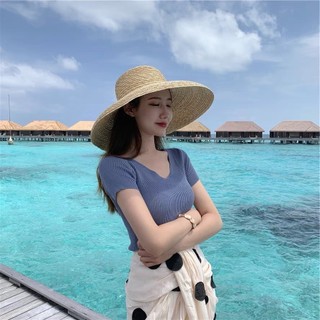 V Neck Casual Plain Colour Knitted Tee Women Shirt Shor Sleeve Top  V领纯色针织上衣女短袖百搭打底T恤内搭