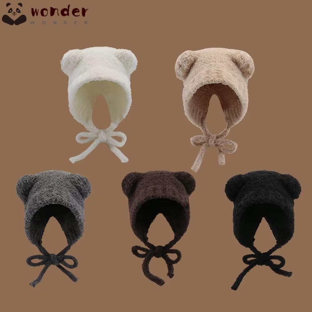 Wonder หมวกเครื่องบินทิ้งระเบิดถัก, Y2k อุปกรณ์ป้องกันหูหมวกขนสัตว์หู, แฟชั่นพร้อมเชือก Lace up หมวกฤดูหนาวที่อบอุ่น