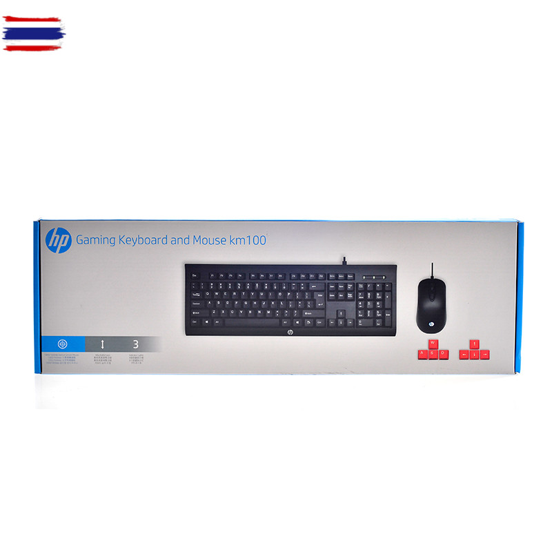 เมาส์ คีย์อร์ด HP รุ่น KM100 ต่อด้วยสาย USB-A ขนาด Full Size 104 ปุ่ม เมาส์ 4 ปุ่ม ปรั DPI ได้ 3 ระด