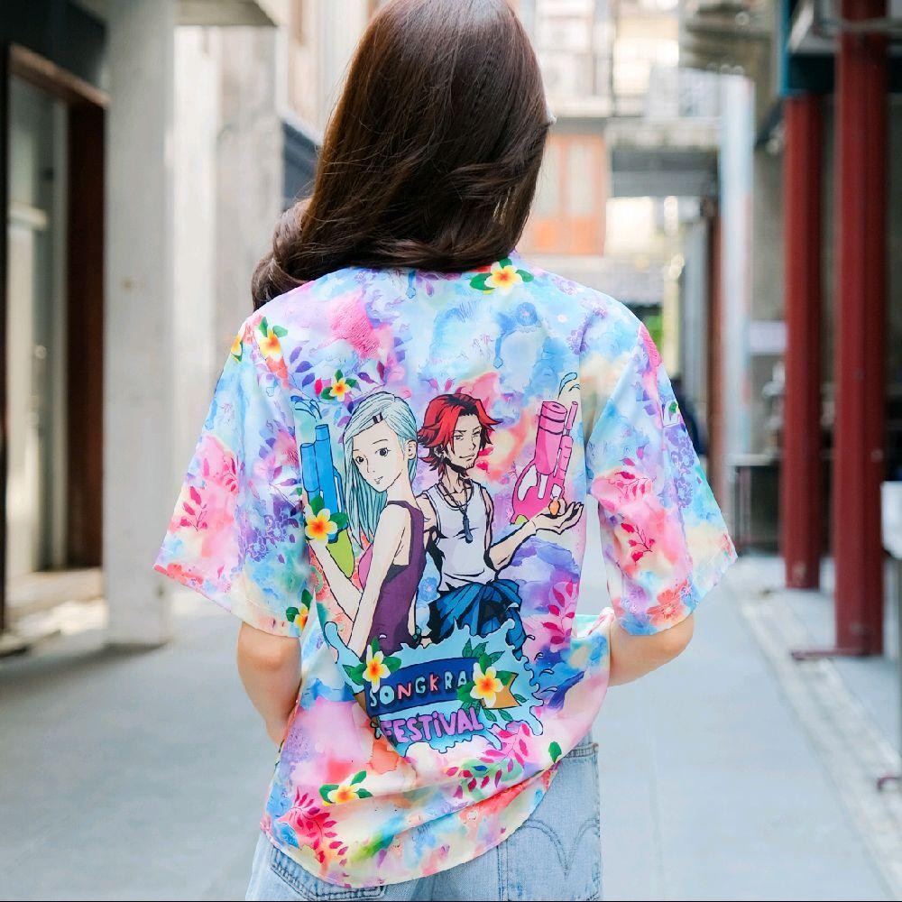 PINK020เสื้อฮาวายลายใหม่2026 Songkran ทรงวัยรุ่น หญิงชายใส่ได้ ผ้าโพลีพรีเมี่ยมไซส์38-56นิ้ว งานปัายKTIERออกแบบเอง*1ตัว* รูปที่ 4