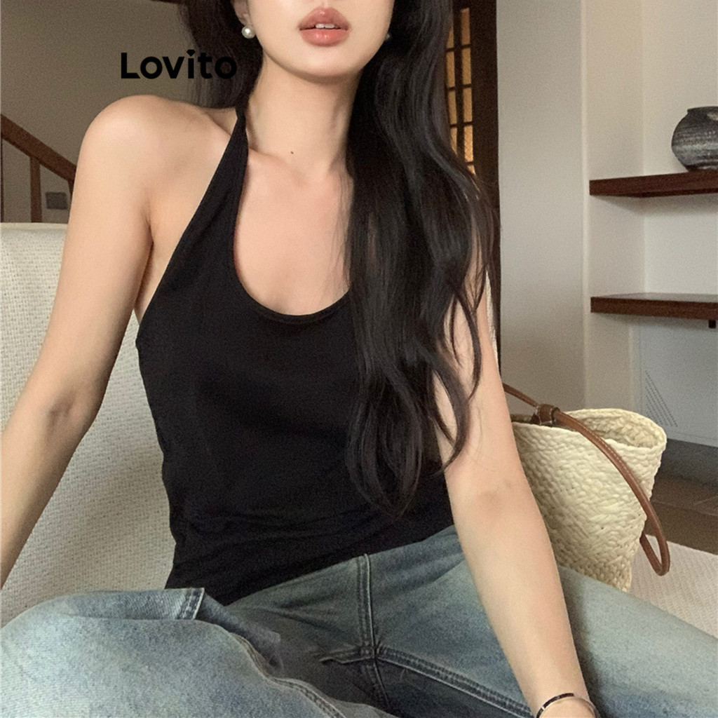 Lovito เสื้อแขนกุดผู้หญิง เปิดหลัง เบสิก สีพื้น สไตล์ลำลอง LNE70252