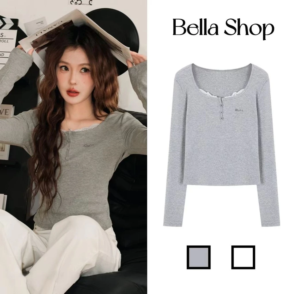Bella shop🌻เสื้อยืดผู้หญิงแขนยาวเย็บลูกไม้สไตล์เกาหลี เสื้อยืดแขนยาวติดกระดุมทรงสลิมฟิต สไตล์เรียบง่าย สไตล์ลำลอง
