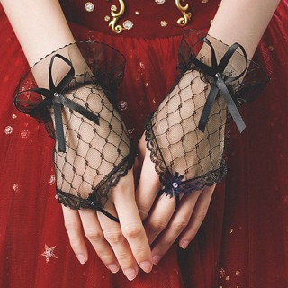 กุทัณฑ์ ถุงมือลูกไม้สีดําผู้หญิงบางสีขาวโลลิต้าตะขอแขนนิ้วสา…