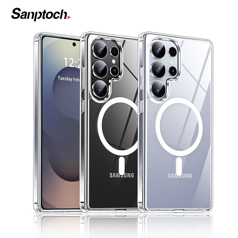 Sanptoch สําหรับแม่เหล็กคริสตัลใสเคสโทรศัพท์สําหรับ Samsung Galaxy S25 / S24 / S23 Ultra Plus Hard PC ด้านหลังกรอบ TPU นุ่มโปร่งใสทหารกันกระแทกปลอก