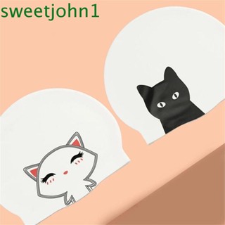 Sweetjohn หมวกว่ายน้ํา ยืดหยุ่น กันน้ํา แบบหนา ลายการ์ตูนแมว ทนทาน สําหรับเด็กผู้หญิง