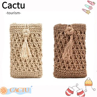 Cactu กระเป๋าสตางค์สานมือ ขนาดเล็ก ใส่โทรศัพท์ได้ มีเชือกฟาง สําหรับผู้หญิง