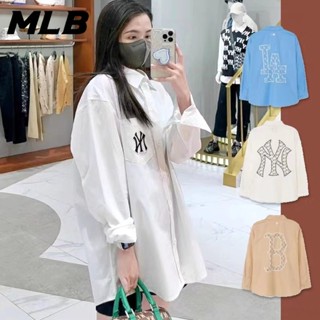 Mlb เสื้อเชิ้ตลําลอง ปักลายโลโก้ ทรงหลวม สไตล์เกาหลี สําหรับผู้ชาย และผู้หญิง