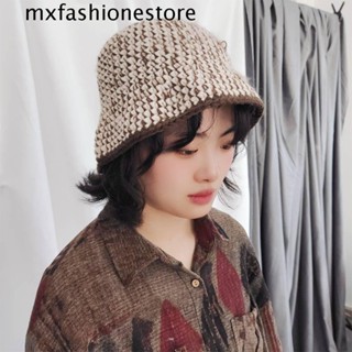 Mxfashione หมวกถักนิตติ้ง ทรงบักเก็ต แบบพกพา สไตล์โบฮีเมียน หวานแหวว ลําลอง ลายทาง ฮาราจูกุ สําหรับผู้หญิง