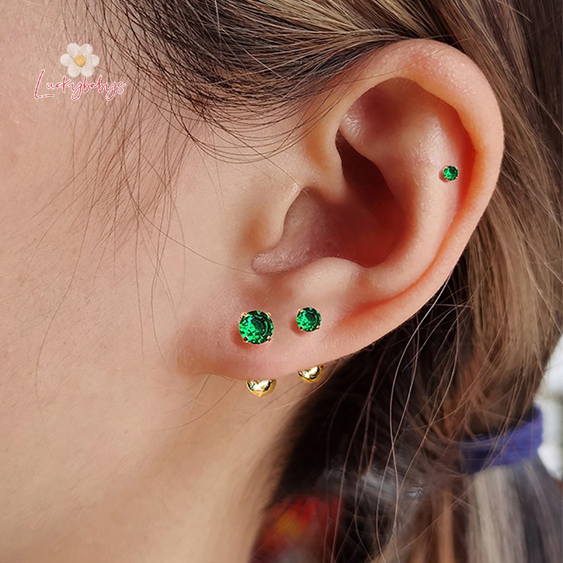 Luckybabys> 1 คู่ สีเขียว Tragus ต่างหูสตั๊ด ทรงกลม ขนาดเล็ก กระดูกอ่อน สตั๊ด เกลียว เครื่องประดับ Cz บาร์เบล ต่างหูใหม่
