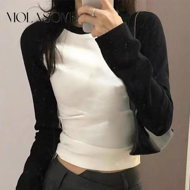 Molasome ใหม่ เสื้อยืดลําลอง แขนยาว คอกลม ทรงสลิมฟิต สีตัดกัน แฟชั่นสําหรับสตรี 2023