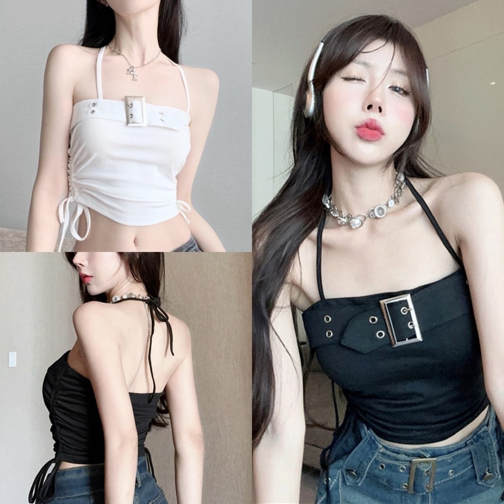 ราคาถูกที่สุด เสื้อเกาะอกแต่งเข็มขัดใหญ่เท่ๆ มีสายผูกคล้องคอ ด้านข้างเป็นสายรูดย่นปรับสั้นยาว 2 สี