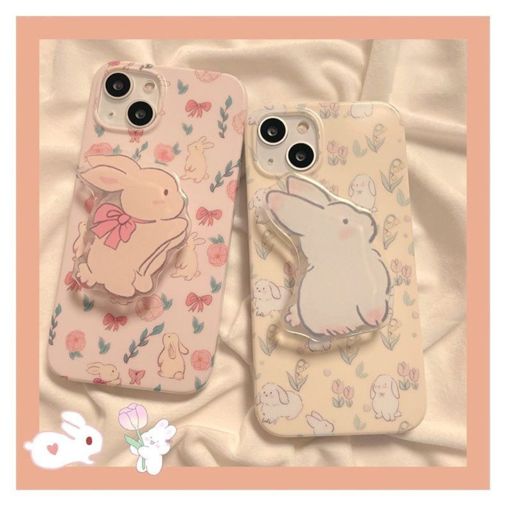 เคสโทรศัพท์มือถือนิ่ม ลายการ์ตูนกระต่ายน่ารัก พร้อมขาตั้ง สีดํา สําหรับ iPhone 15 14 13 12 11 Pro Max X Xr Xs Max 7 8 Plus SE2020