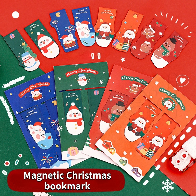 Merry Christmas ที่คั่นหนังสือแม่เหล็ก / โฟลเดอร์หนังสือขิง ลายการ์ตูนสโนว์แมน สโนว์แมน แบบพับได้ / ของขวัญคริสต์มาส โรงเรียน สํานักงาน เครื่องเขียน / คลิปมาร์กเกอร์หน้านักเรียน