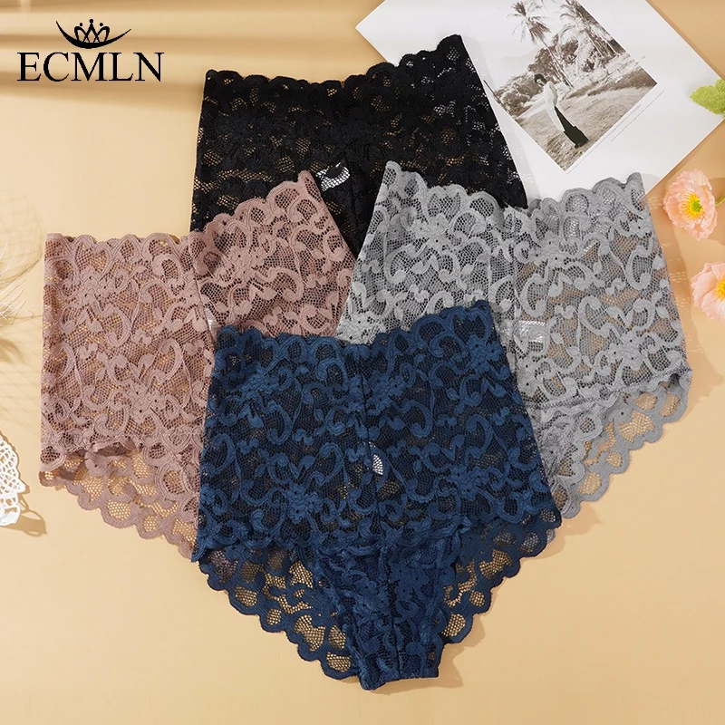 Ecmln กางเกงชั้นใน เอวสูง แต่งลูกไม้ ลายดอกไม้ พลัสไซซ์ ระบายอากาศ ไซซ์ L-2XL สําหรับผู้หญิง