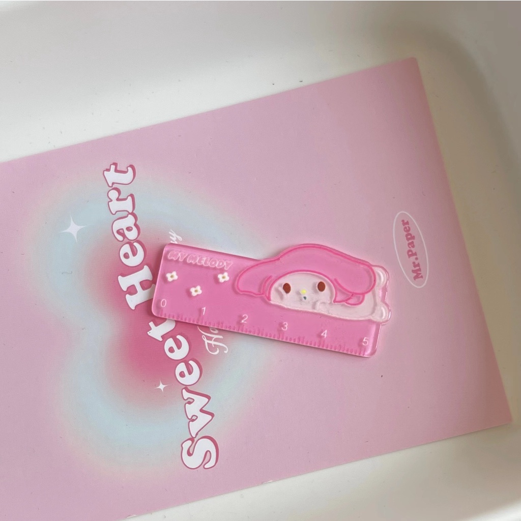 SANRIO ไม้บรรทัดขนาดเล็ก ซานริโอ เครื่องเขียนอะคริลิคนักเรียนการ์ตูนแบบพกพาไม้บรรทัดขนาดเล็กสร้างสรรค์แบบพกพา