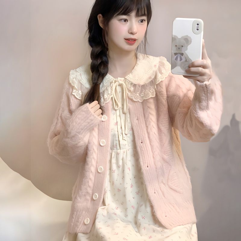 เสื้อคาร์ดิแกนกันหนาว คอกลม ผ้าถัก ลายดอกไม้ สไตล์ญี่ปุ่น สําหรับผู้หญิง และนักเรียน