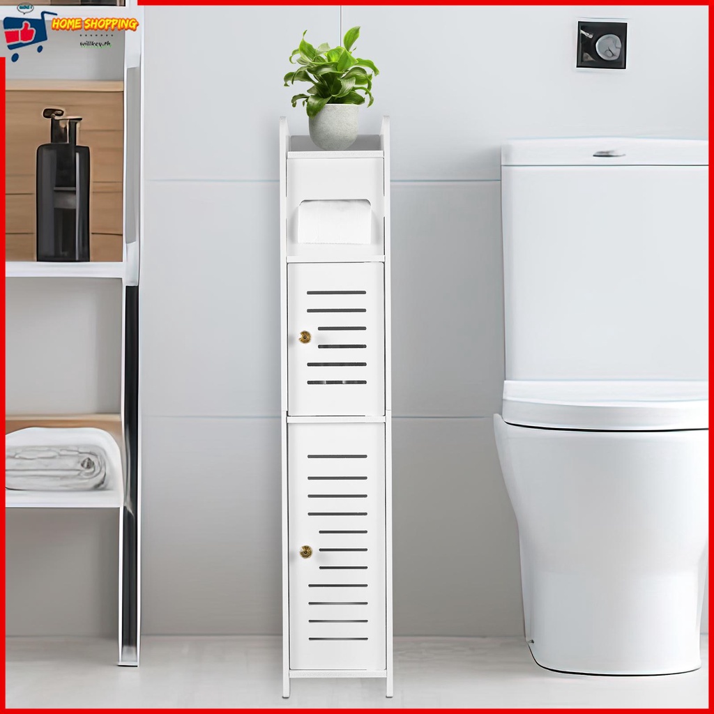 ตู้เก็บของในห้องน้ํา 3 ชั้น ตู้จัดระเบียบพื้นห้องน้ํา พร้อมประตู และชั้นวางของ ที่วางม้วนชักโครก แบบแคบ ฟรี-สแตนดิ้ง