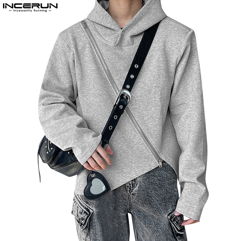 Incerun เสื้อกันหนาว แขนยาว มีฮู้ด แต่งซิป ทรงไม่สมมาตร สไตล์เกาหลี สําหรับผู้ชาย