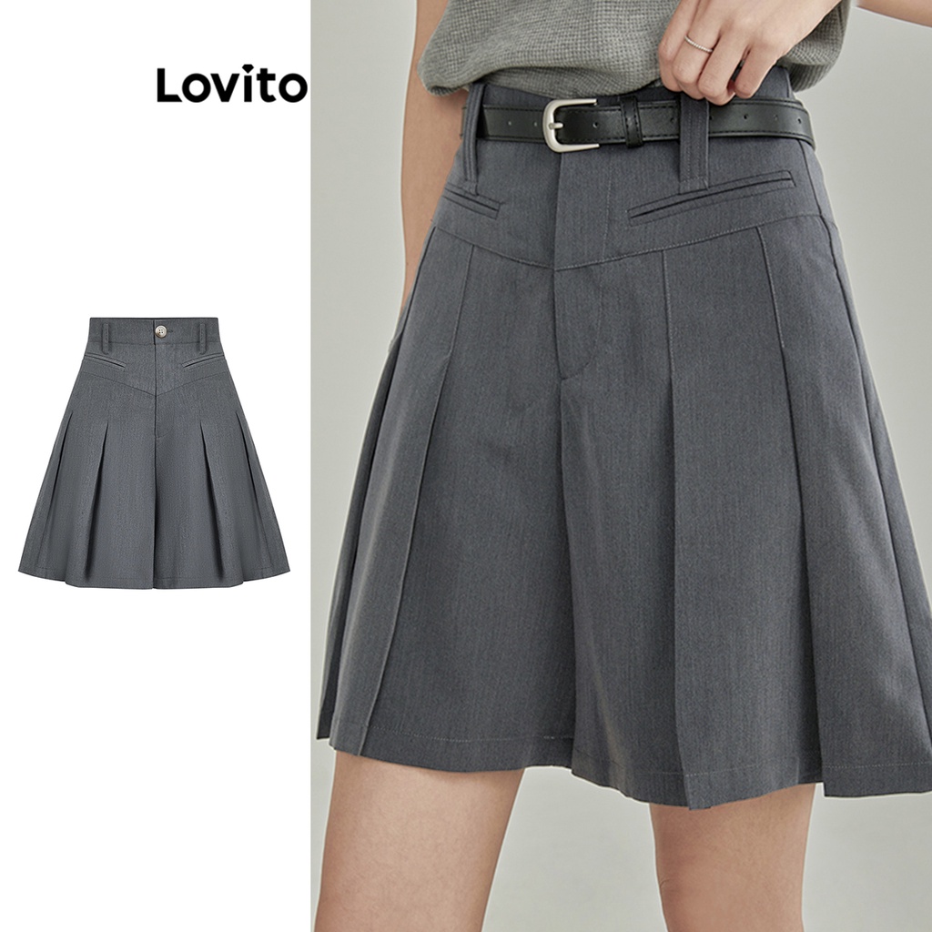 Lovito กางเกงขาสั้นผู้หญิง กระดุมติด จับจีบ สีพื้น สไตล์ลำลอง L62ED081 (สีเทา)