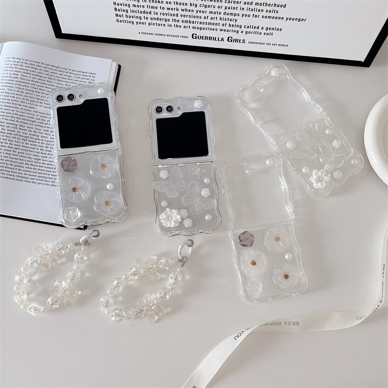 เคสป้องกันโทรศัพท์มือถือ หน้าจอพับได้ ลายดอกไม้ ประดับไข่มุก สามมิติ สําหรับ Samsung Galaxy Z Flip4 