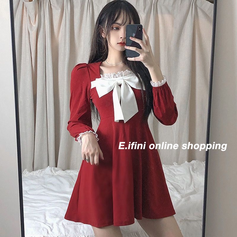 E.ifiniเ ดรส เสื้อผ้าแฟชั่นผู้หญิง ชุดคริสต์มาส ชุดสีแดง WLQ23B0K3S 45Z231111
