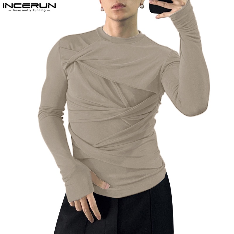 Incerun เสื้อยืด แต่งระบาย ออกแบบดี สีพื้น สไตล์เกาหลี สําหรับผู้ชาย