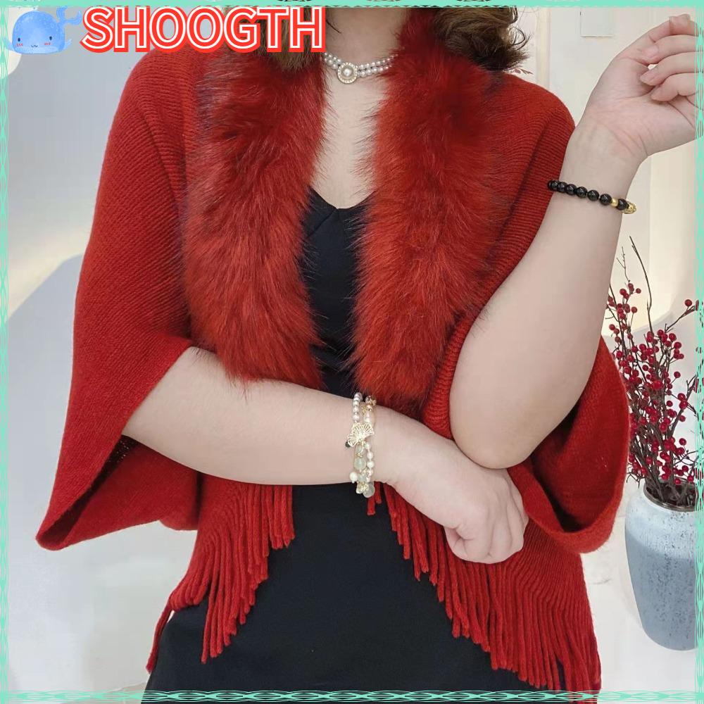Shoogth เสื้อคลุมคาร์ดิแกน ผ้าถัก ประดับพู่ ขนเฟอร์เทียม แบบหนา ให้ความอบอุ่น แฟชั่นฤดูหนาว สําหรับงานราตรี