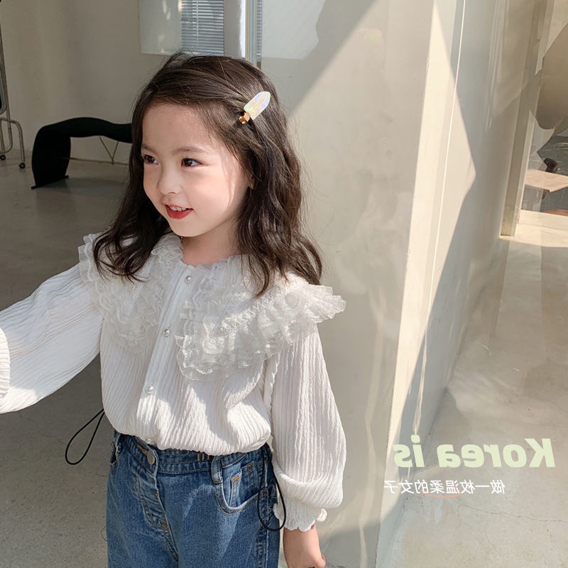 เสื้อเชิ้ตแขนยาว คอปก พิมพ์ลายลูกไม้ แฟชั่นฤดูใบไม้ร่วง สไตล์เกาหลี สําหรับเด็กผู้หญิง 2023