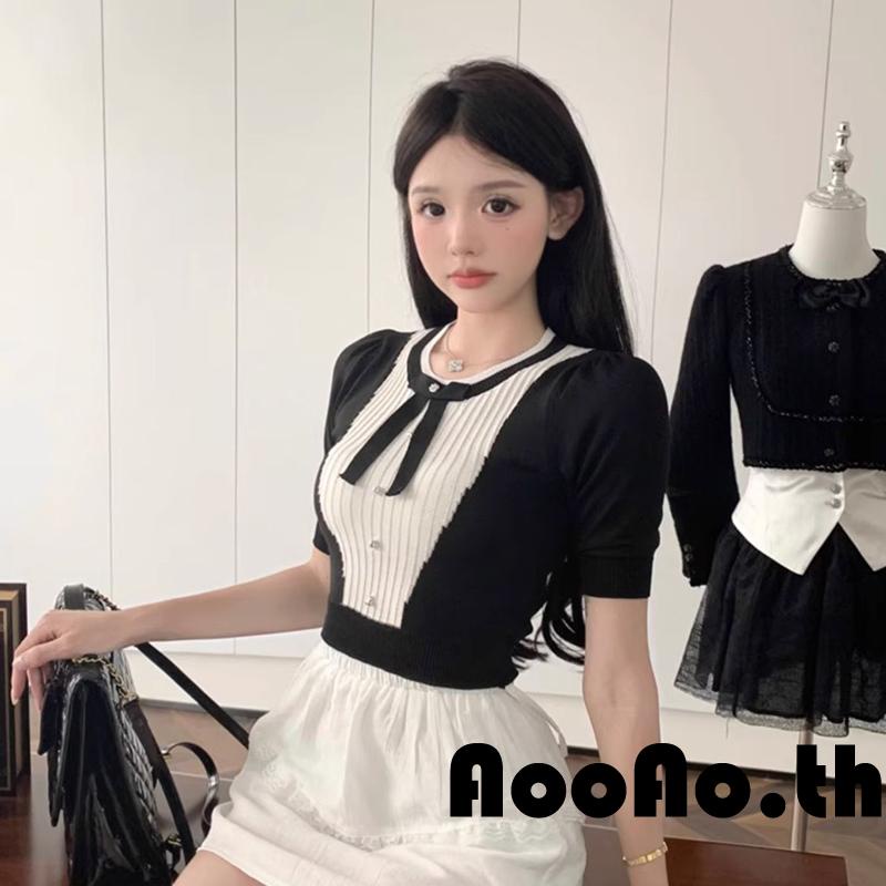 Aooao- เสื้อครอปท็อป แขนสั้น คอกลม ประดับโบว์ สีตัดกัน สําหรับผู้หญิง
