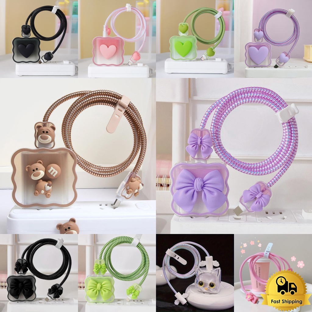 เคสสายชาร์จ (1เซตมี5ชิ้น ) เคสหัวชาร์จ ชุดถนอมสายชาร์จการ์ตูนน่ารักๆ ลายดอกไม้ 3D ชุดพันสาย าหรับ ip 7 plus - 14 18W/20W