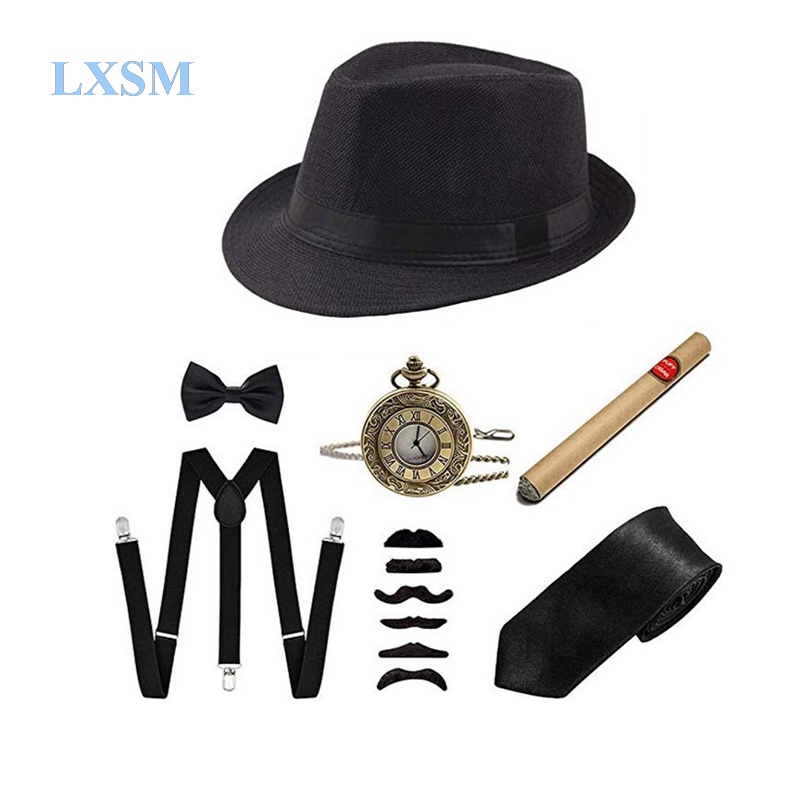 Lxsm 1920s Gatsby เครื่องแต่งกายสําหรับผู้ชาย ชุดแฟนซี ชุดอุปกรณ์เสริม - หมวกปานามา, ยางยืด Y-Back Suspender, Bow Tie, Fake Moustache และนาฬิกาพ็อกเก็ตวินเทจ