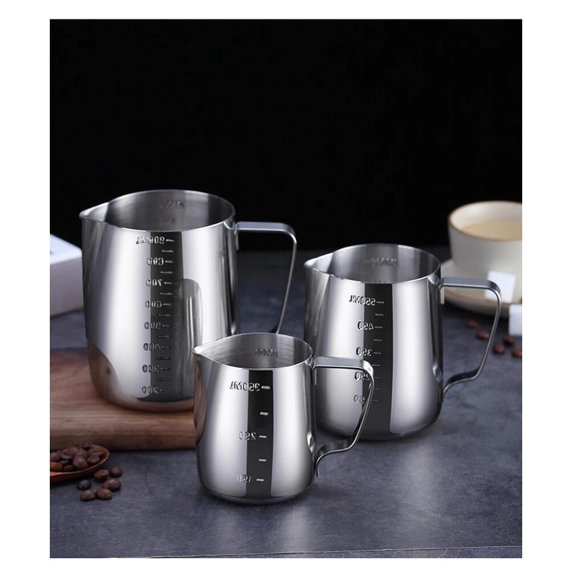 เหยือกตีฟองนม สีเงิน 100ml/350ml /600MLพิชเชอร์ ถ้วยตีฟองนม สแตนเลส Stainless Milk Pitcher สเตนเลส304