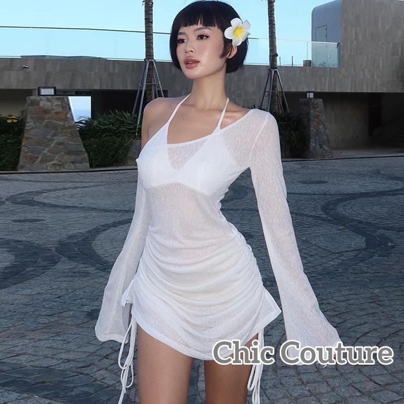 Wlmz-ผู้หญิงปิดไหล่ชุดser Sheer Drawstring Ruchedแขนยาวพรรคมินิเดรสสําหรับชายหาดค็อกเทลคลับStreetwear